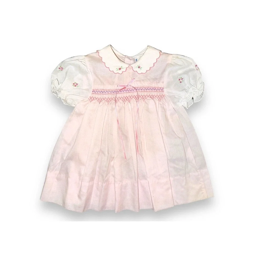 A9 Vintage Cherubs New York Infant Pink Dress Smock Flower Ruffle Rose 24 Months